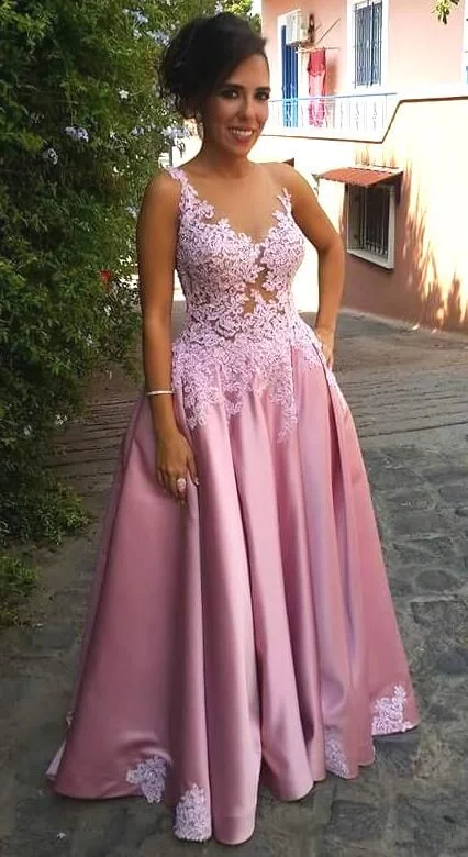 Women's Clothing For Outdoor Activities Appliques Illusion Bodice Satin Prom Dresses,Sexy Lace Prom Dress   cg15111