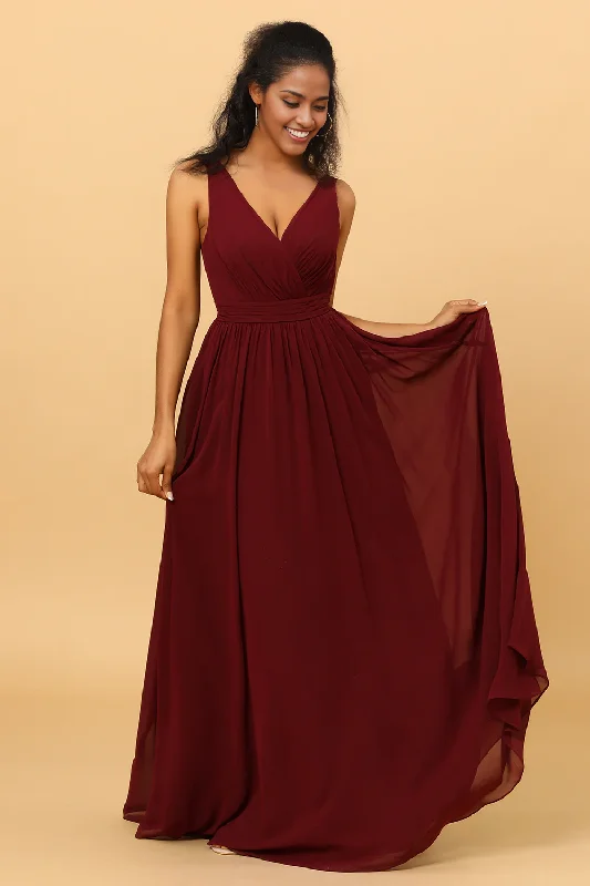 Women's Cozy Winter Attire A-line V-Neck Chiffon Burgundy Bridesmaid Dress