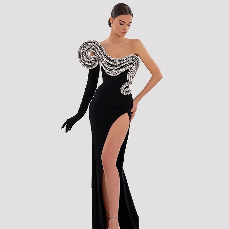 Women's Stylish Professional Apparel Strapless Sleeveless Rhinestone Maxi Bodycon Dress HT939