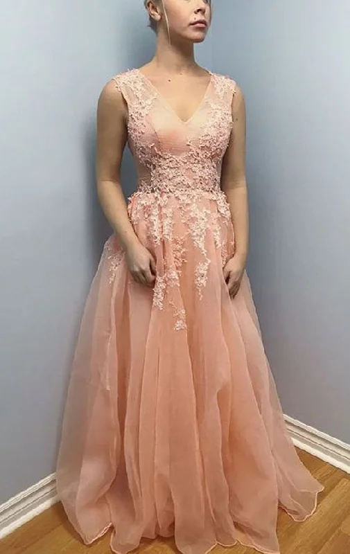 Women's Professional Clothes Straps V Neck Lace Organza Long Prom Dress Peach Formal Evening Gown       cg22688