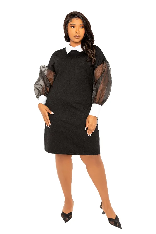 Women's Vintage Attire Contrast Shirt Dress with Organza Sleeves