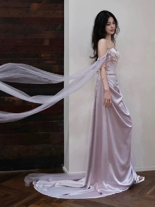 Women's Travel Outfit Set Elegant Sheath Off The Shoulder Lilac Silk Satin Long Prom Dresses C1661