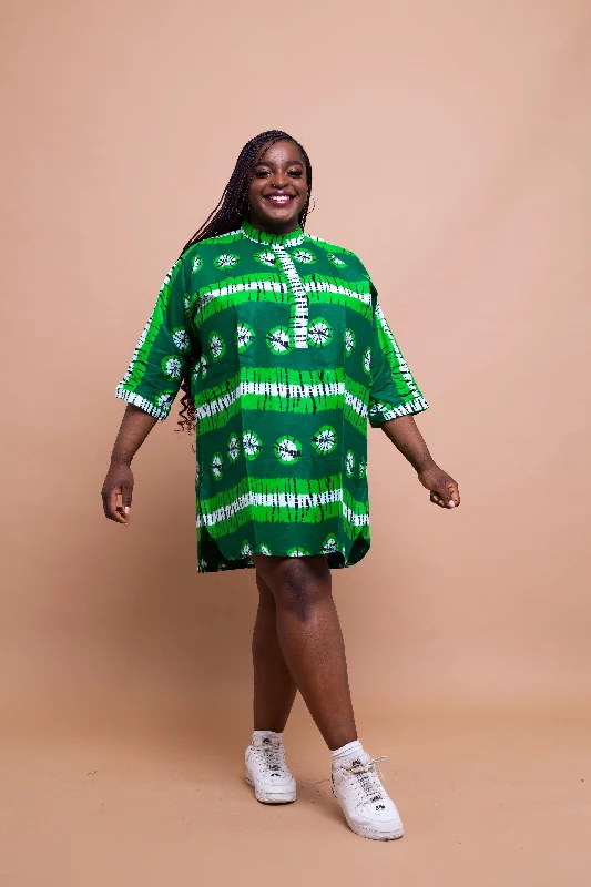 Women's Seasonal Attire Abiola Ankara Tunic Shirt Dress | Green African Print