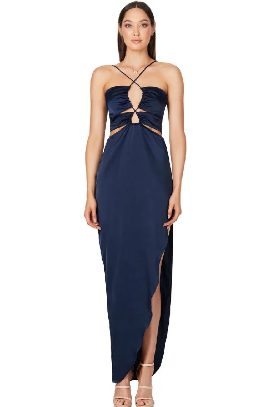 Stylish Women's Outerwear Apparel Silky Satin Cross Front Cutout Slit Cocktail Party Dress - Navy Blue