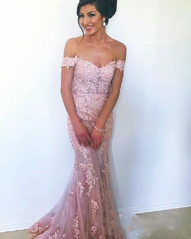 Affordable Women's Outfit Pink Off the Shoulder Lace Fishtail Evening Gown Prom Formal Dresses