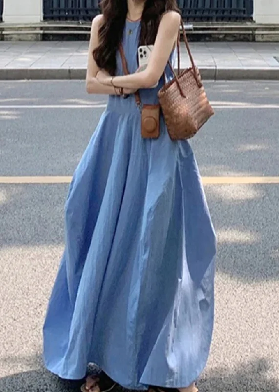 Chic Women's Outfit New Blue O Neck Pockets Solid Cotton Long Dress Sleeveless