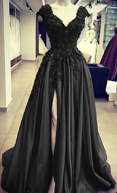 Stylish Women's Outfit Black Satin Slit Dresses With Lace Embroidery prom Dresses      cg23015