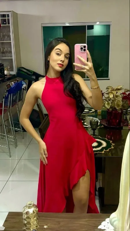 High-Fashion Women's Clothing Red Sleeveless Slit Ruffles Prom Dress Evening Dress  Y7788