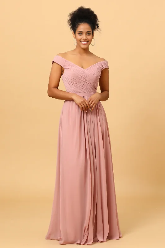 Modern Women's Attire Ruffles Chiffon Pink Bridesmaid Dress with Slit