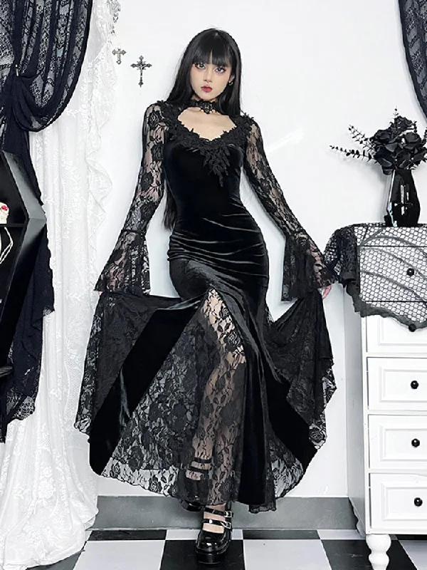 Women's Workout Clothing Ethnic Cultural Event Wear Gothic Long Cocktail Sleeve Lace Fishtail Bodycon Mermaid Maxi Ruched Dress