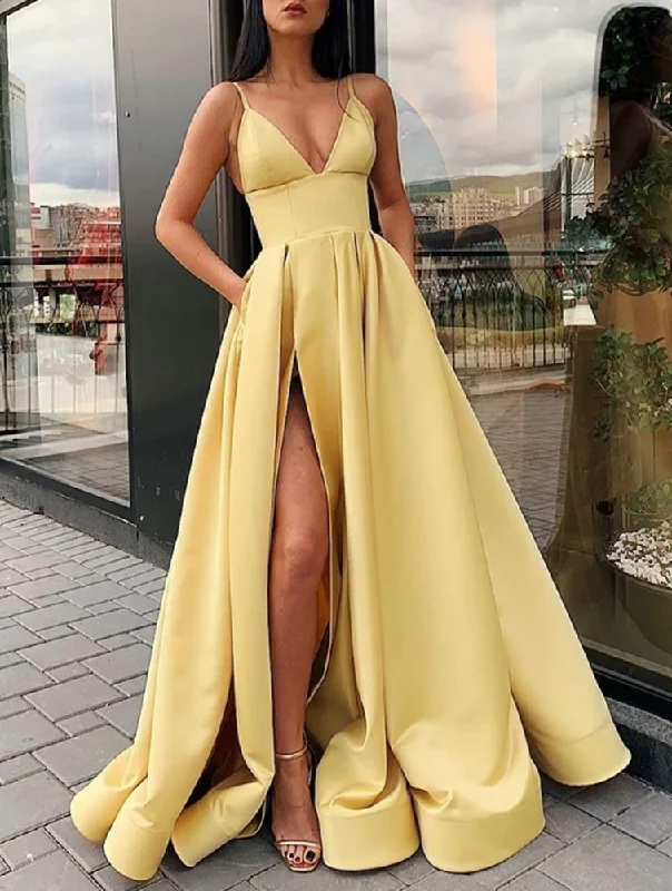 Women's Seasonal Garments Women V-Neck Slit Prom Dresses Long Satin Evening Party Dress YPD023