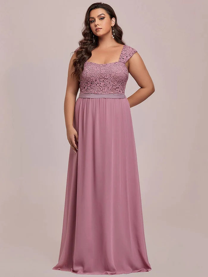 Women's Seasonal Apparel Plus Size Elegant A Line Long Chiffon Bridesmaid Dress With Lace Bodice