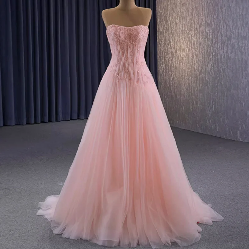 Stylish Women's Garments A-line Pink Strapless Prom Dress Beaded Tulle Formal Gown