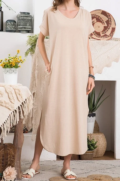 Women's Luxury Garments Cold Shoulder Maxi T-shirt Dress - Taupe