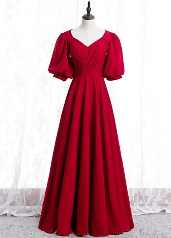 Women's High-End Clothing Burgundy Satin V-neck Puff Sleeve Pleats Prom Dress    cg19443