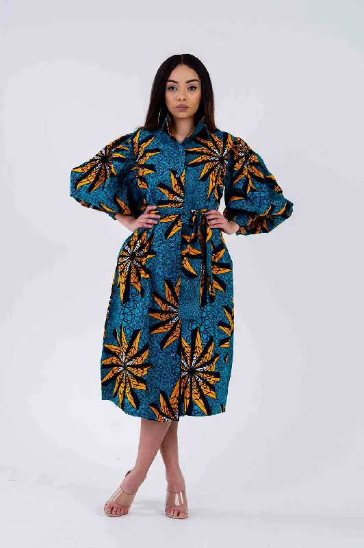 Comfortable Women's Attire Jacinta Ankara Midi Shirt Dress | Green and Yellow African Print