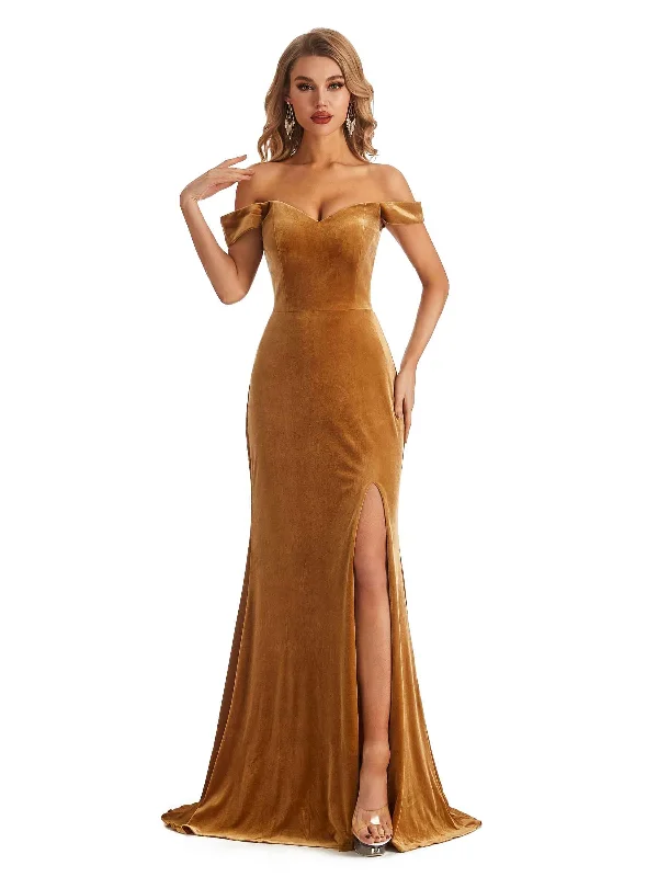 Women's Night-Out Outfit Elegant Mermaid Off the Shoulder Side Slit Velvet Long Bridesmaid Dresses