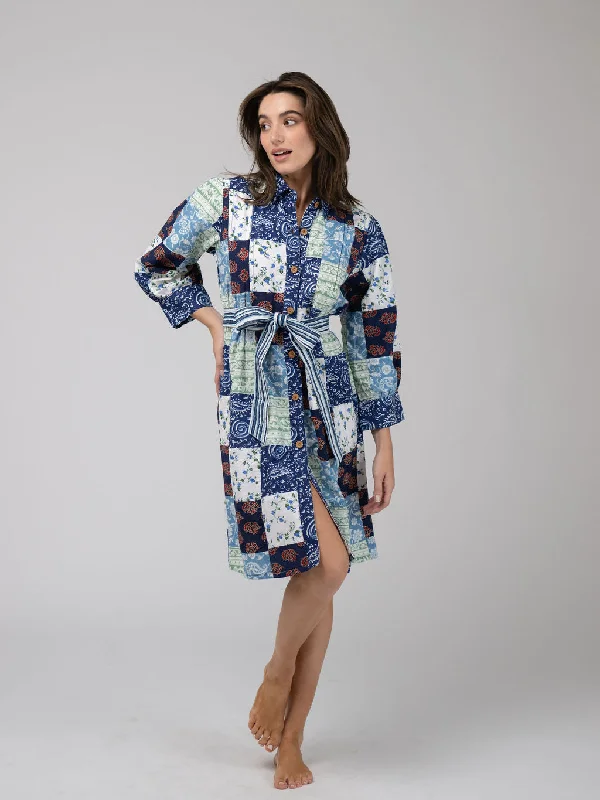 Women's Vacation Clothes Quilted Midi Shirt Dress in Blue Squares