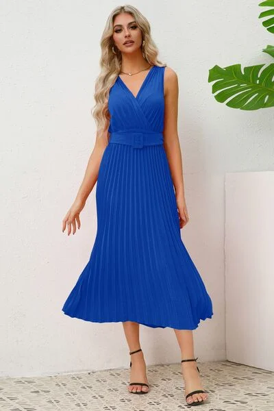 Women's Professional Outfit Surplice Sleeveless Midi Pleated Dress