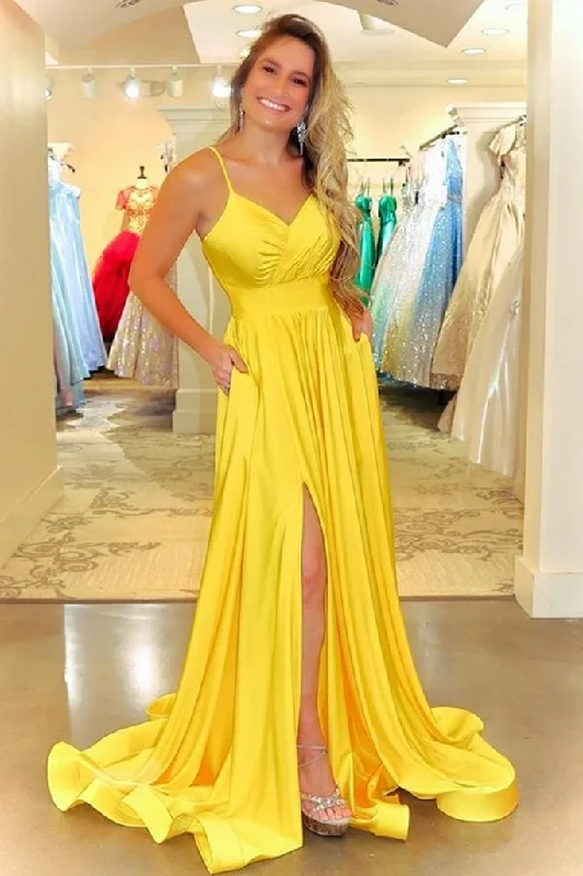 Women's Comfortable Lounge Outfit Simple V Neck Backless Yellow Satin Long Prom Dress, Long Backless Yellow Formal Evening Dress   cg19097