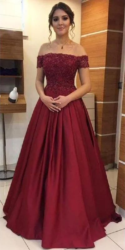 Women's Clothing Apparel Burgundy Appliques Off Shoulder Prom Dress Custom Made Long Evening Gowns Satin Fashion Graduation Party Dresses  cg604