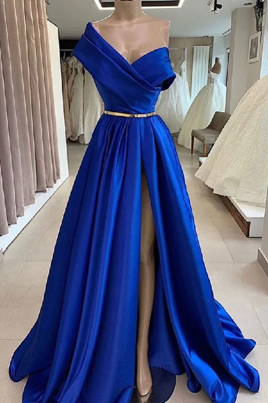 Women's Contemporary Clothing BLUE SATIN LONG PROM DRESS, BLUE LONG EVENING DRESS cg2492