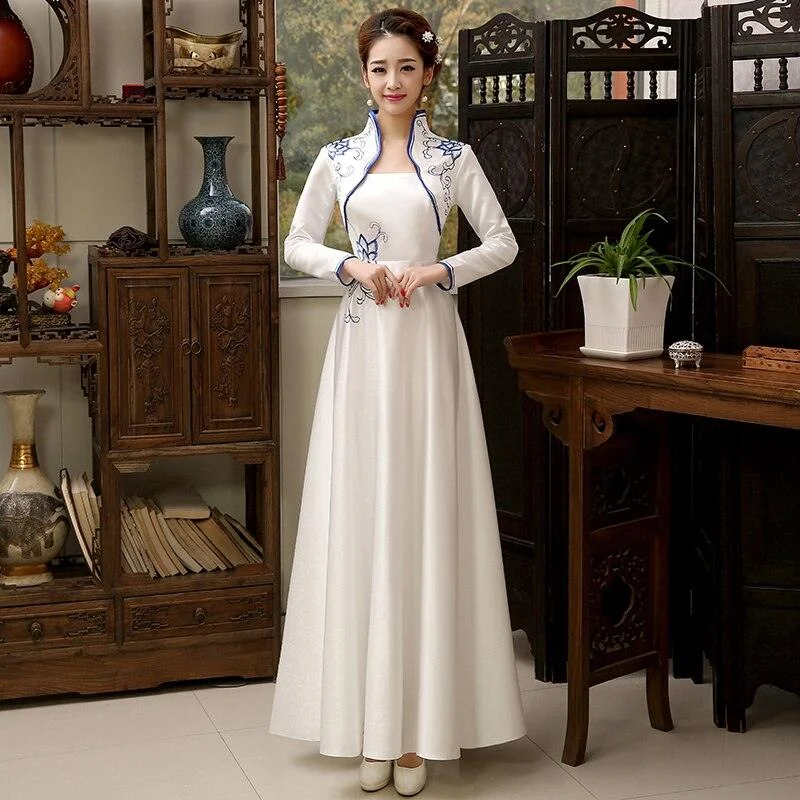 Women's High-Fashion Apparel Embroidery Flower Satin Cheongsam Long Sleeve Evening Qipao Dress