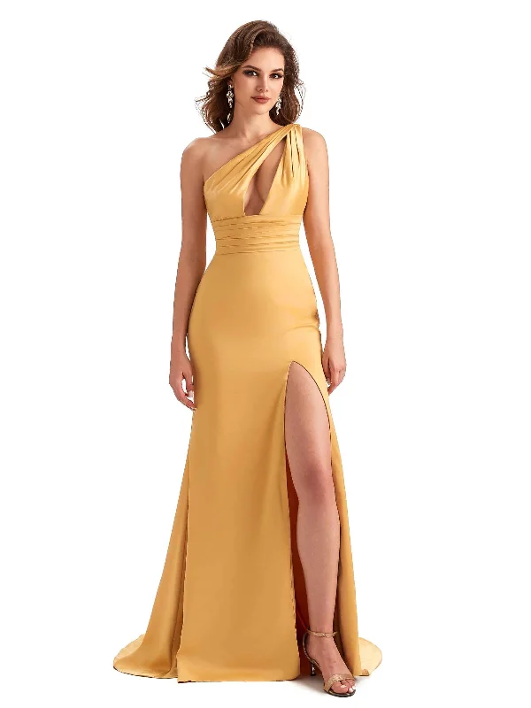 Women's Evening Apparel Sexy Side Slit Mermaid Silky Satin One Shoulder Unique Long Wedding Guest Dresses