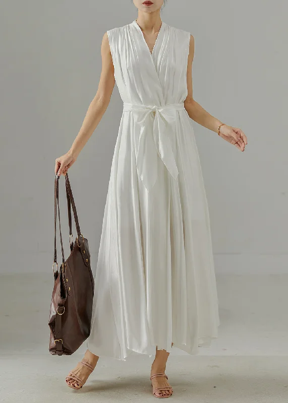 Women's Outfit Boho White V Neck Tie Waist Cotton Dress Sleeveless