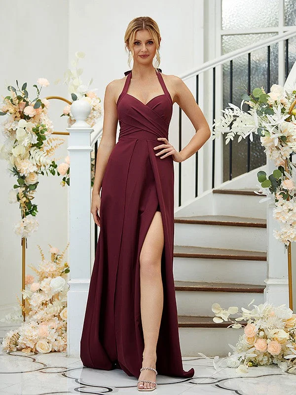 Women's Stylish Professional Garments A-Line/Princess Stretch Crepe Ruched Halter Sleeveless Floor-Length Bridesmaid Dresses