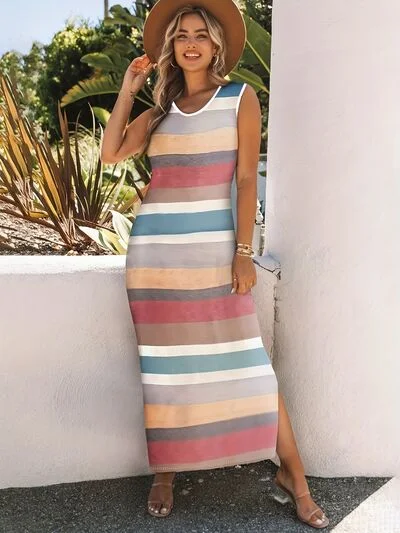 Women's Stylish Vacation Attire Polished Finish Slit Striped Round Neck Sleeveless Dress