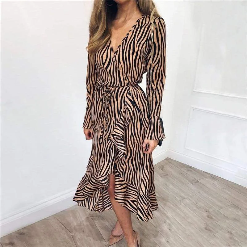 Women's Versatile Apparel Bohemian Vibe FashionSierra - Women Zebra Print Beach Bohemian Long Sleeve V Neck Ruffle Dress