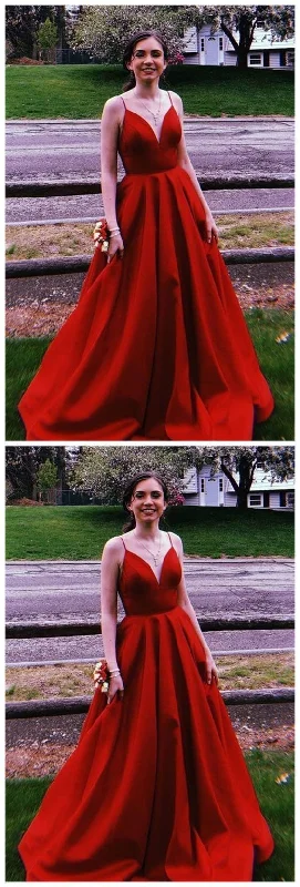 Women's High-Fashion Clothes A-Line Spaghetti Straps Sweep Train Red Satin Prom Dress with Pockets    cg20260