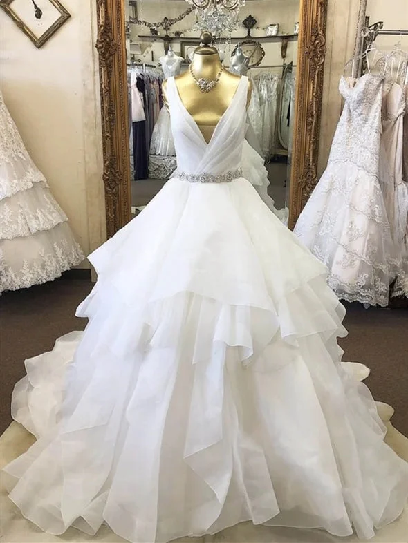 Women's Plus-Size Attire V-neck Long A-line Organza Wedding Dresses, Rhinestone Beaded Bealt Wedding Dresses, Bridal Gown