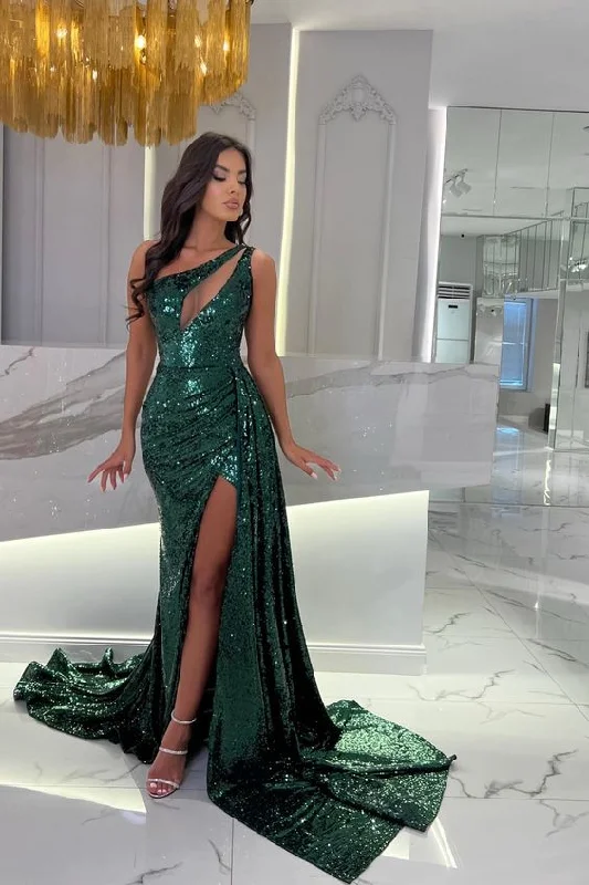 Women's Stylish Outdoor Outfit Emerald Green One Shoulder Sleeveless Mermaid Prom Dress Sequins With Split Y5908