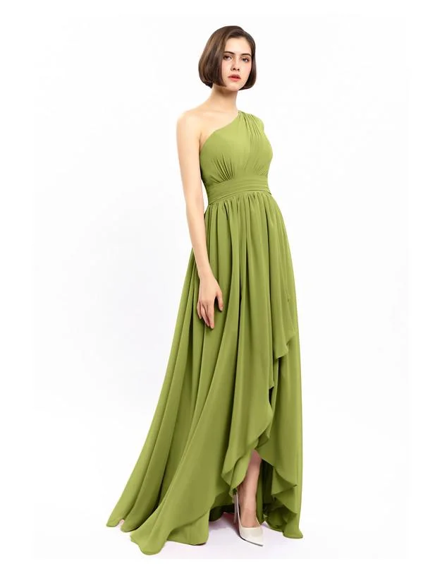 Women's Office Attire Chiffon Unique One-shoulder High-low Bridesmaid Dresses